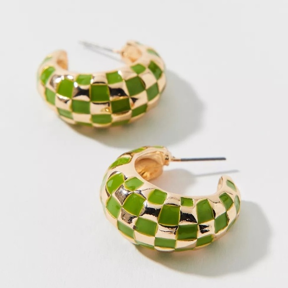 Urban Outfitters Enameled Checkerboard Chubby Hoop Earring | Green - Picture 3 of 6